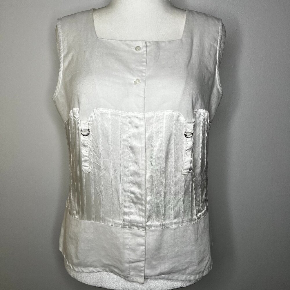 J.M.P. Women's Linen Top Large Sleeveless White Satin Detail Sheer Beachy Resort